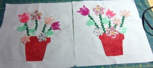 I've never done any applique. Buttons will go in the center of some flowers after quilting. Another for a group member